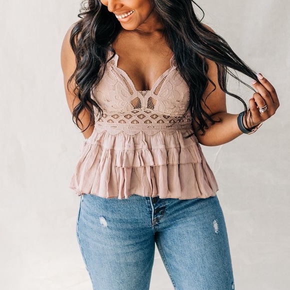 Tan Scallop Lace Babydoll Summer Top - Picture 4 of 7